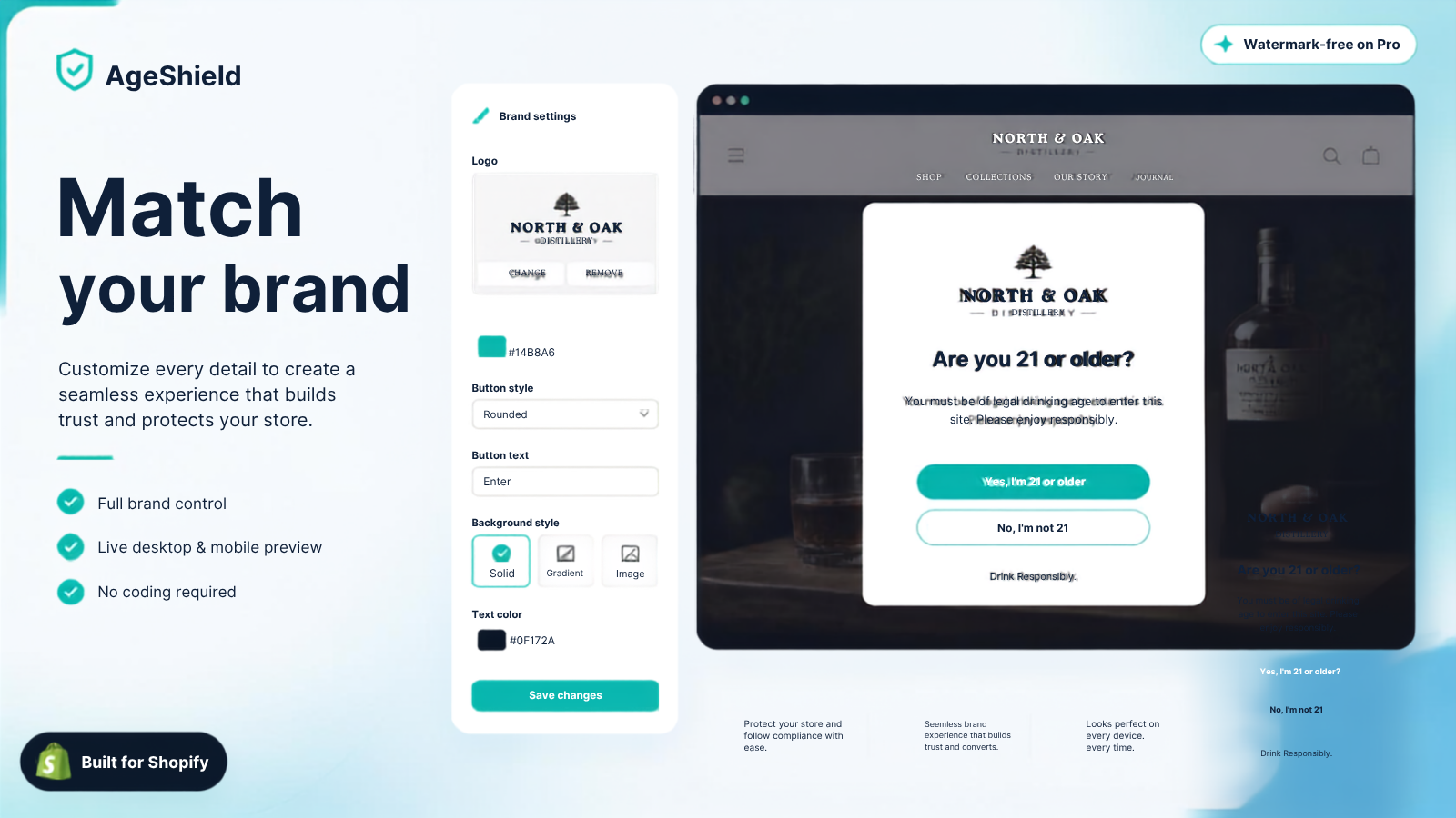 AgeShield brand settings with live storefront preview