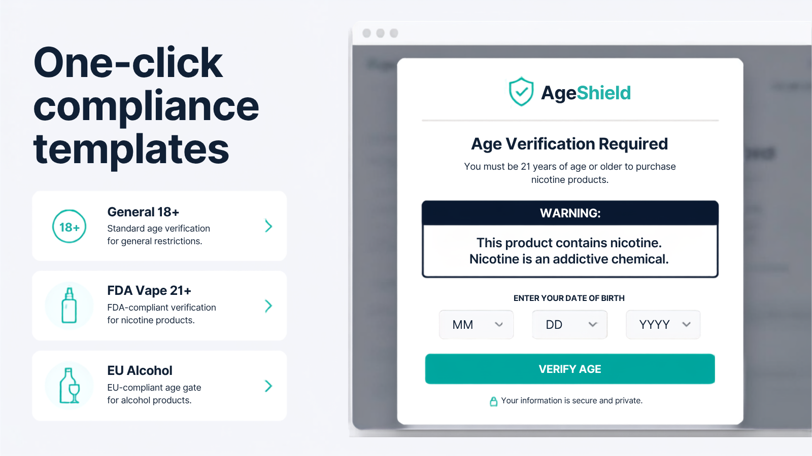 AgeShield compliance templates including FDA Vape 21+ date-of-birth verification
