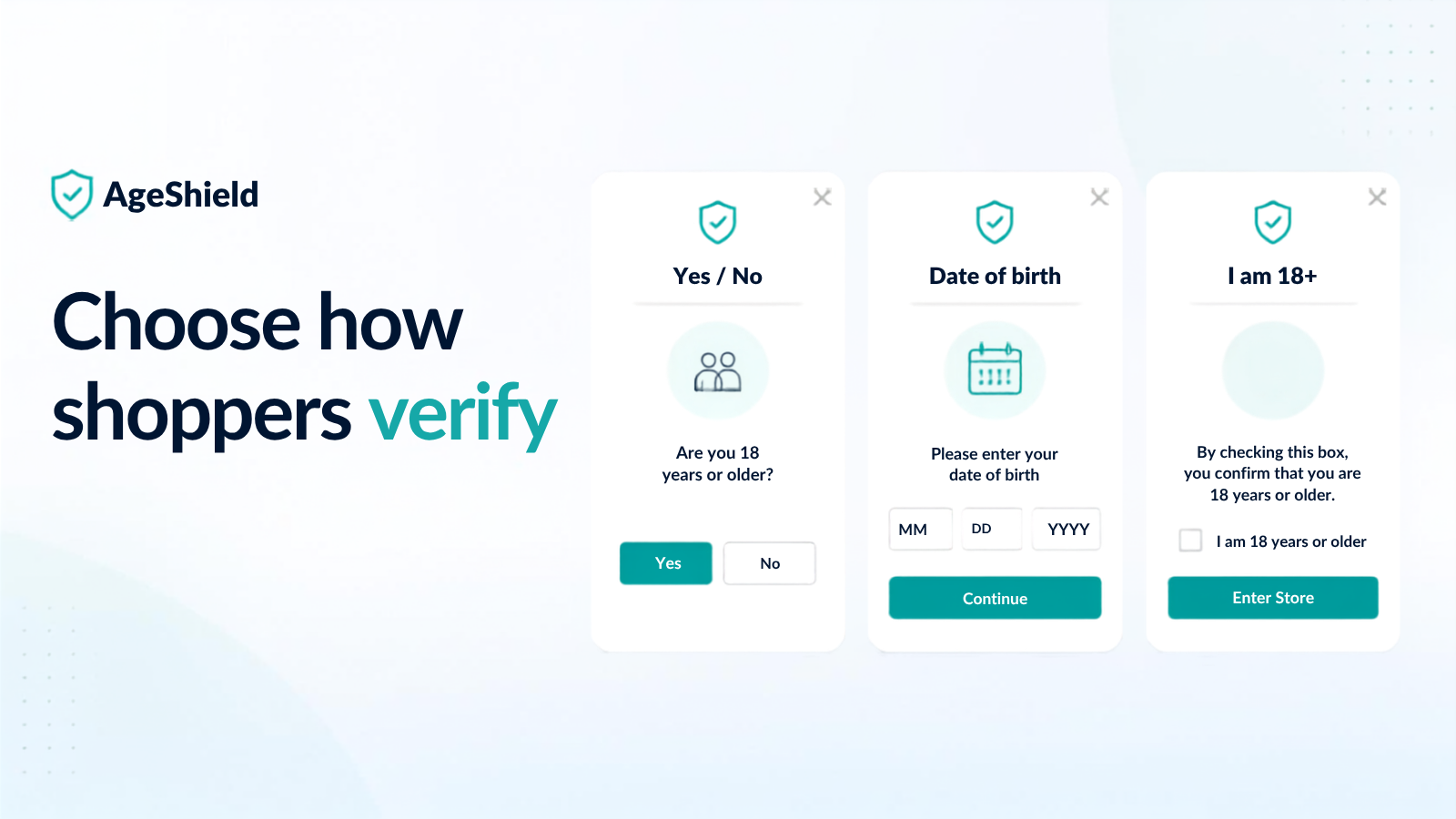 Three AgeShield verification modes: Yes/No, date of birth, and checkbox